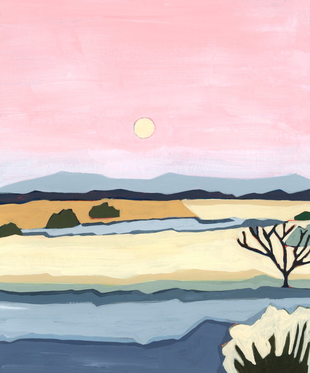 Pôr do sol cor-de-rosa sobre Villacuri, 2023 (acrílico sobre papel) de Andrea Mejia