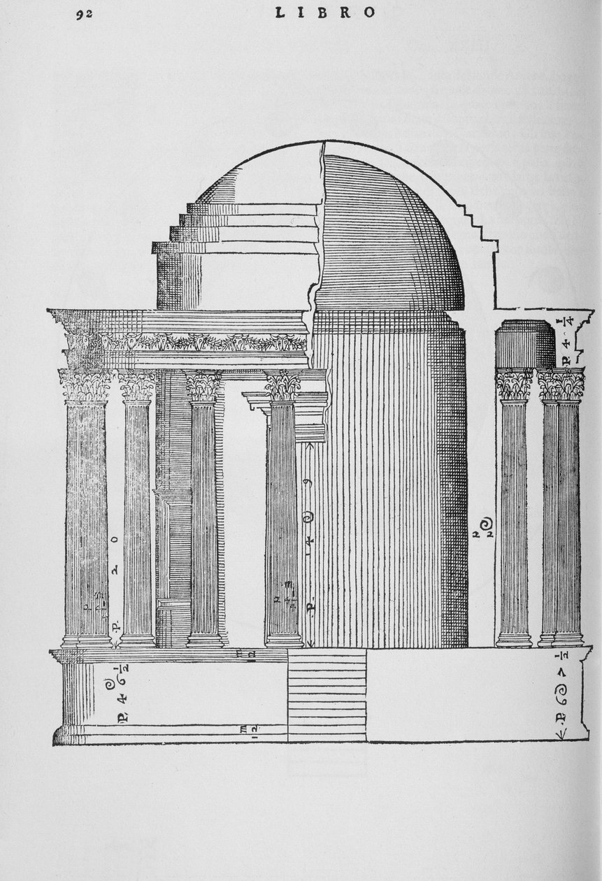 Seção transversal do Templo de Vesta no Tivoli, ilustração de uma cópia fac-símile de &39;I Quattro Libri dell&39;Architettura&39; escrita por Palladio, originalmente publicada em 1570 de Andrea Palladio