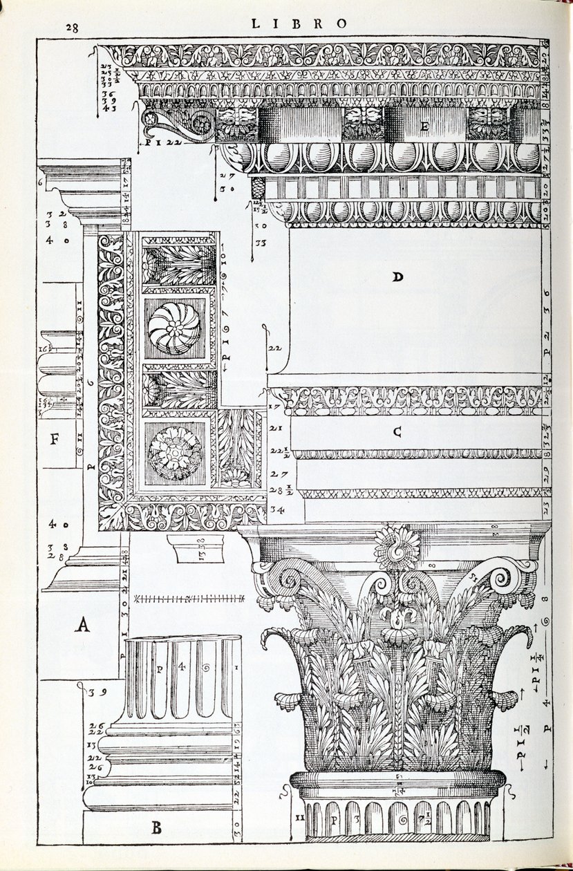 Detalhes decorativos do Tempio de Trajano, ilustração de uma cópia fac-símile de &39;I Quattro Libri dell&39;Architettura&39; escrita por Palladio, publicada originalmente em 1570 de Andrea Palladio