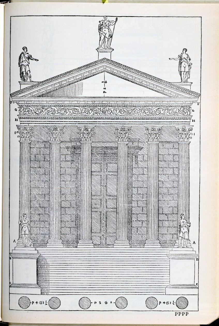Elevação do Templo de Nimes, ilustração de uma cópia fac-símile de &39;I Quattro Libri dell&39;Architettura&39; escrita por Palladio, publicada originalmente em 1570 de Andrea Palladio