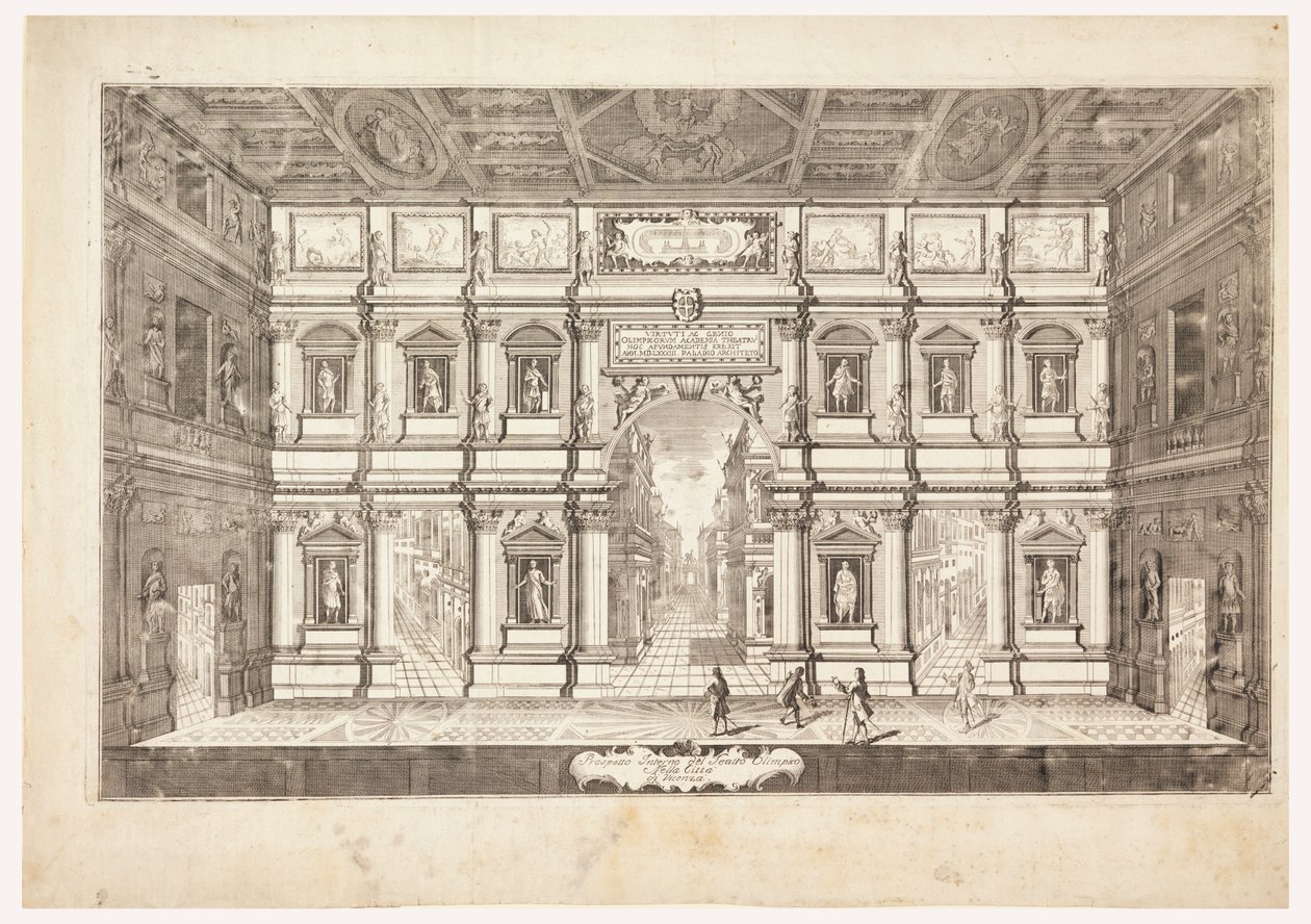 Elevação interior do Teatro Olímpico da Cidade de Vincenza (Vista do Palco do Teatro Olímpico de Vicenza) de Andrea Palladio