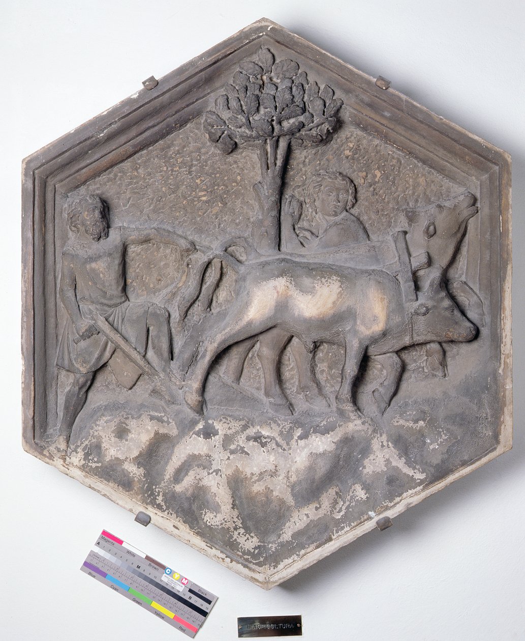 A arte da agricultura, telha de relevo decorativo hexagonal de uma série que descreve os praticantes das artes e Ciências, possivelmente com base em projetos de Giotto (c.1266-1337) c.1334-1348 (mármore) de Andrea Pisano