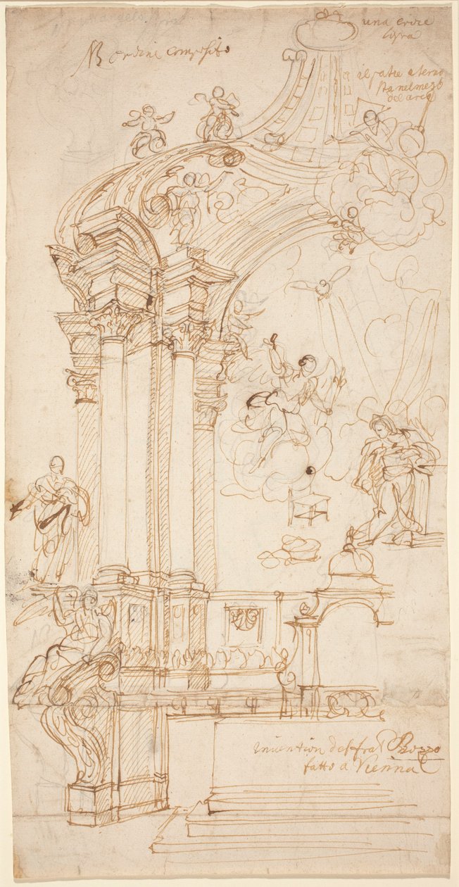 Um baldaquino com uma pintura da Anunciação, c.1708 ou posterior (desenho a pena e tinta) de Andrea Pozzo