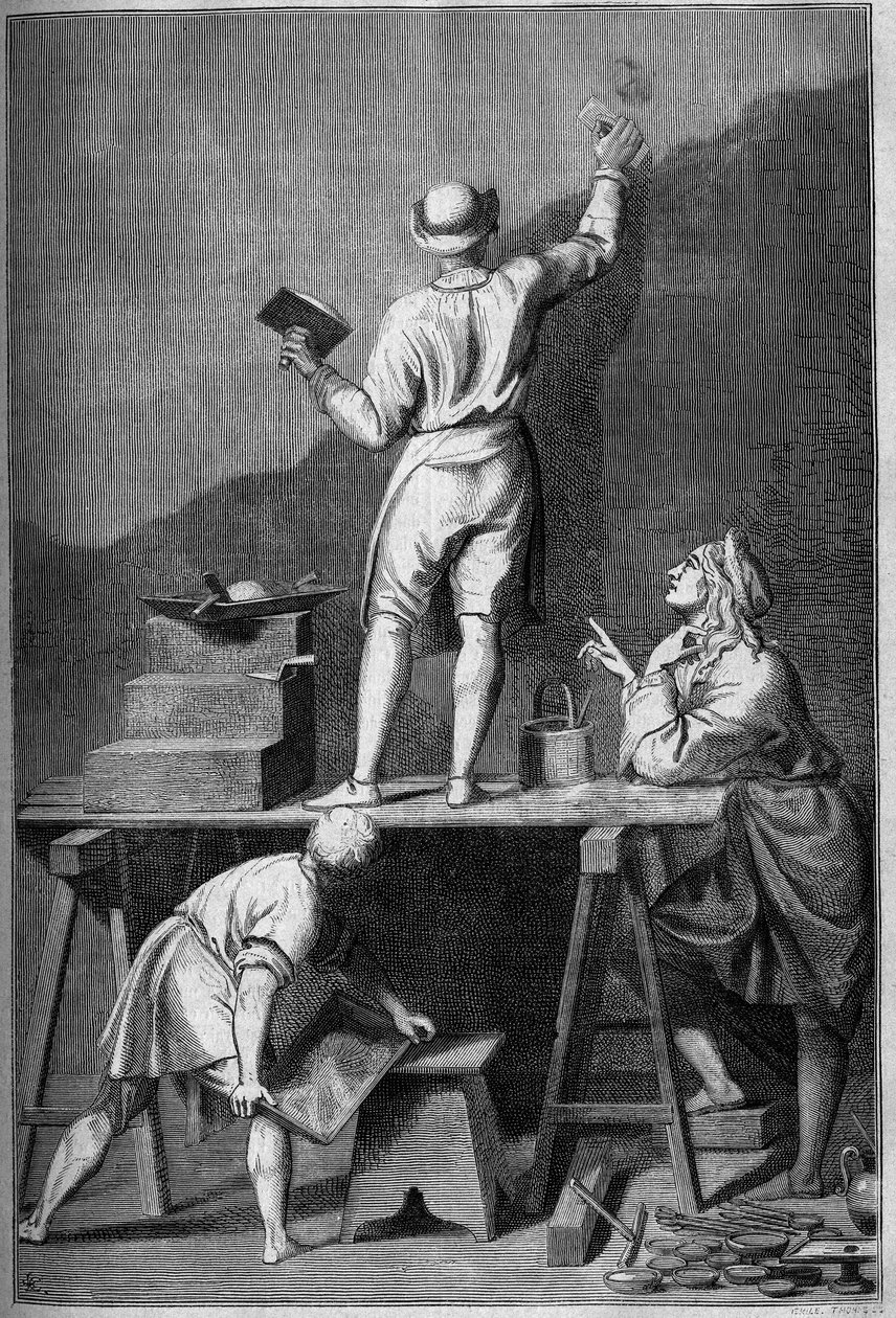 Preparação do reboco para uma pintura a fresco (affresco). Desenho de Chevignard de Andrea Pozzo. de Andrea Pozzo