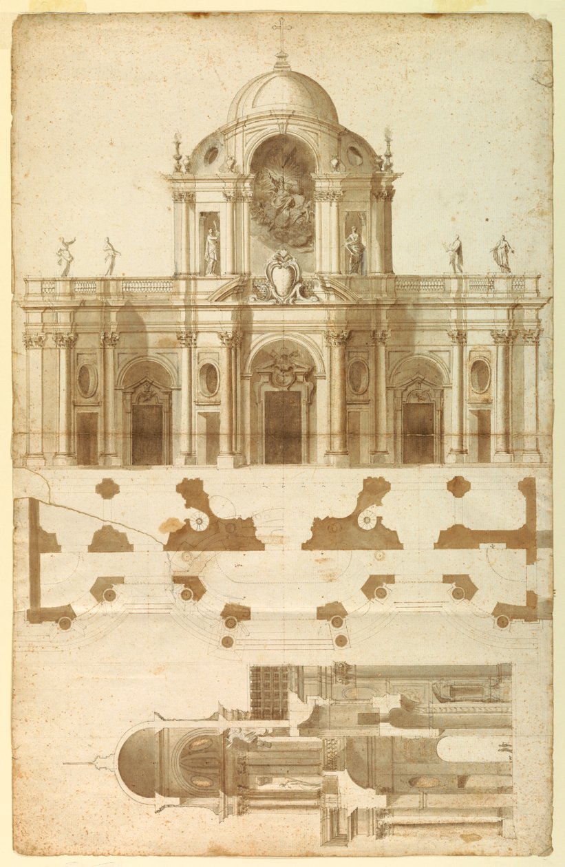 Elevação, seção e plano propostos para a fachada de San Giovanni, Laterano, Roma, Itália de Andrea Pozzo