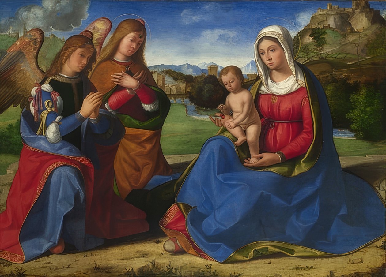 Madonna e Child adorados por dois anjos. Por volta de 1505 de Andrea Previtali