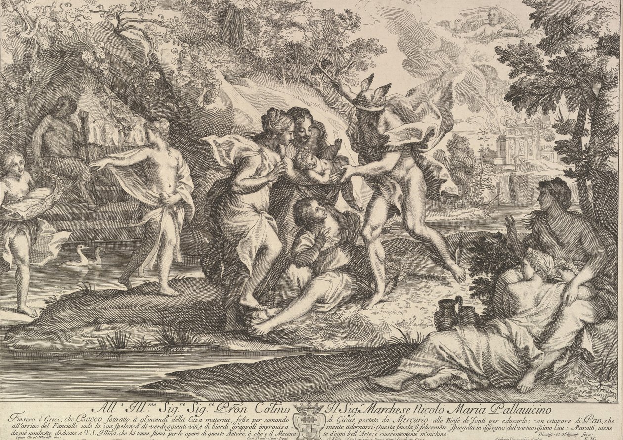 Baco como uma criança dada por Mercúrio aos cuidados das Ninfas. de Andrea Procaccini