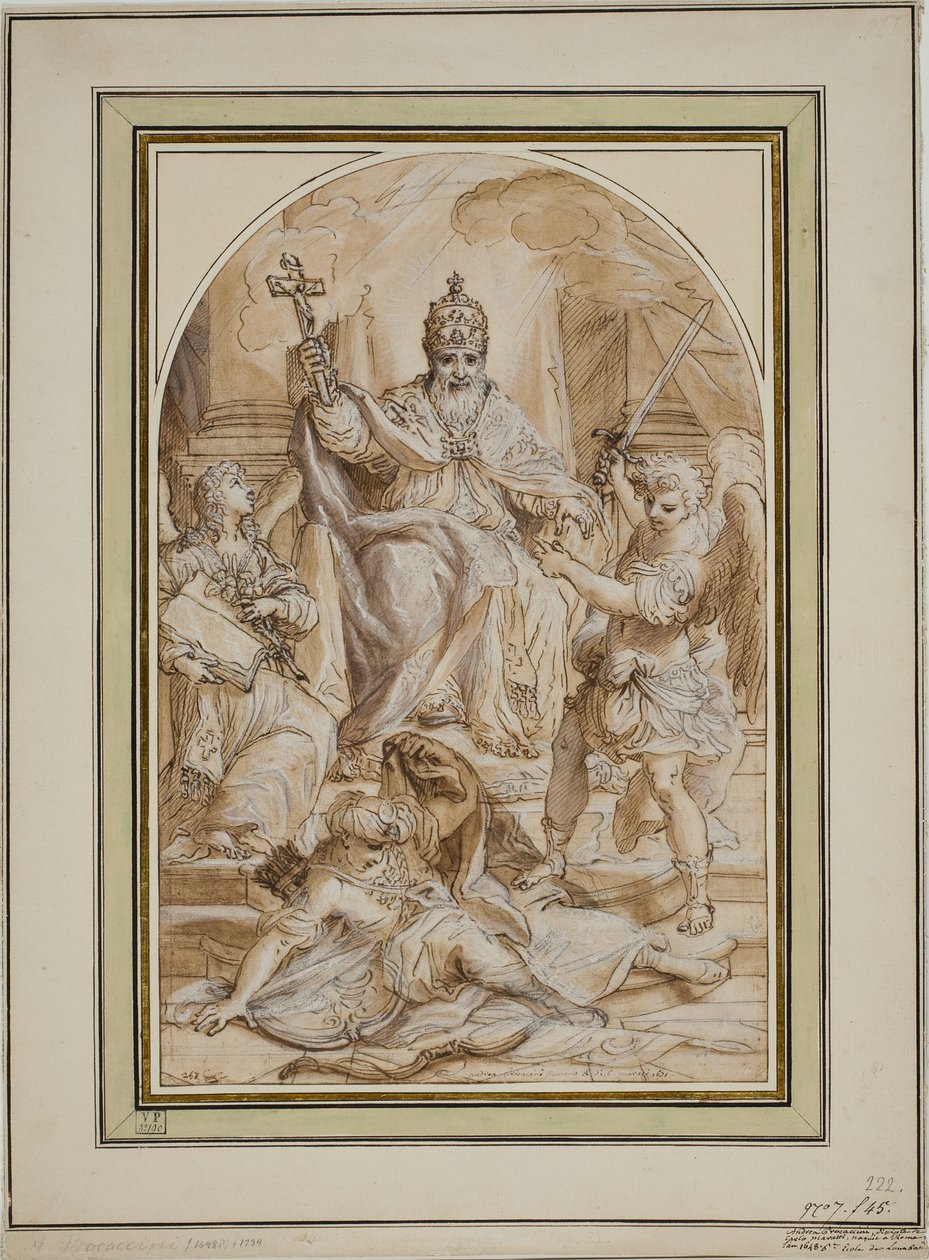 Um papa entronizado e ladeado por um anjo com um livro e São Miguel matando um turco de Andrea Proccaccini