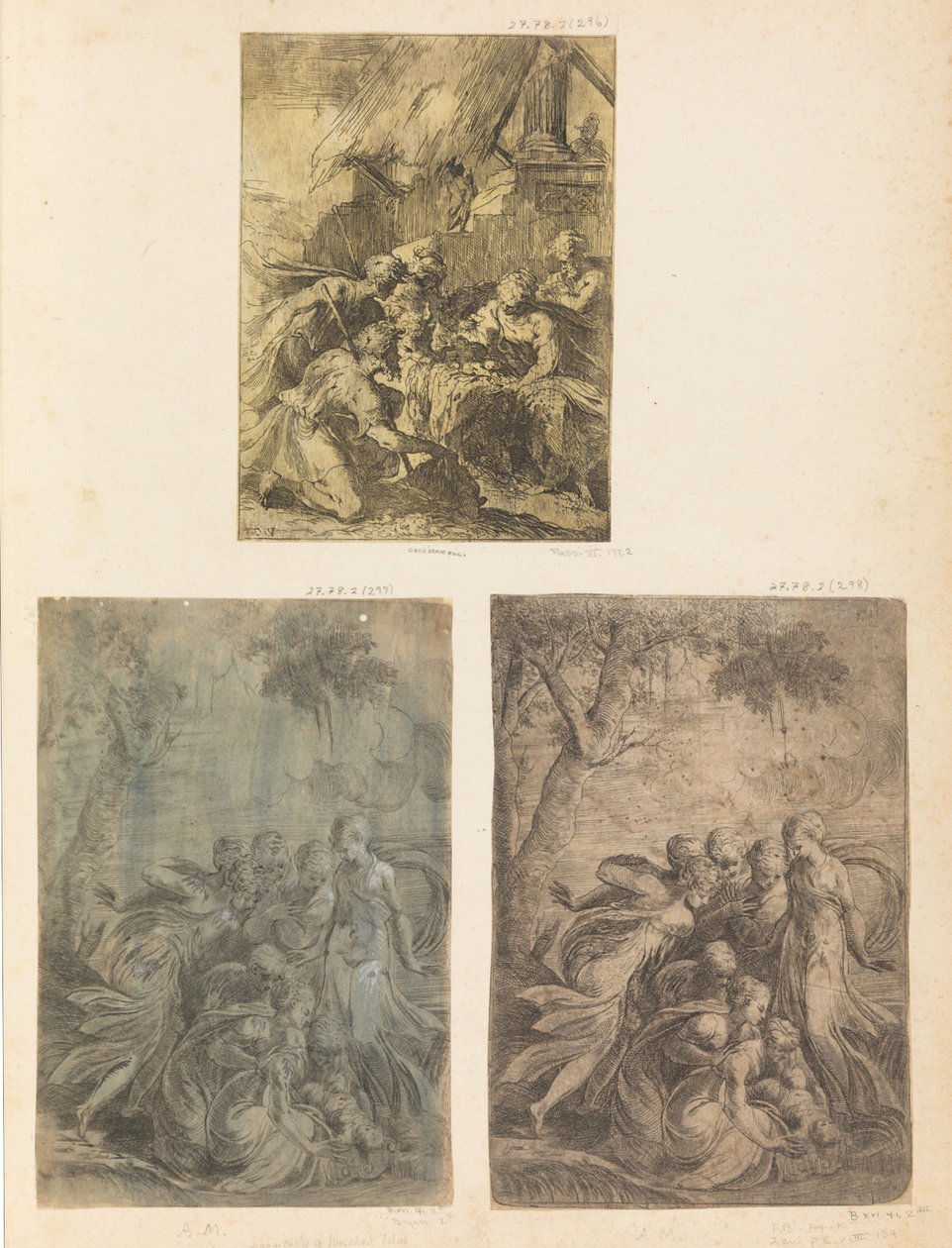 Adoração dos Pastores, Moisés Resgatado do Nilo, c. 1540-44. de Andrea Schiavone