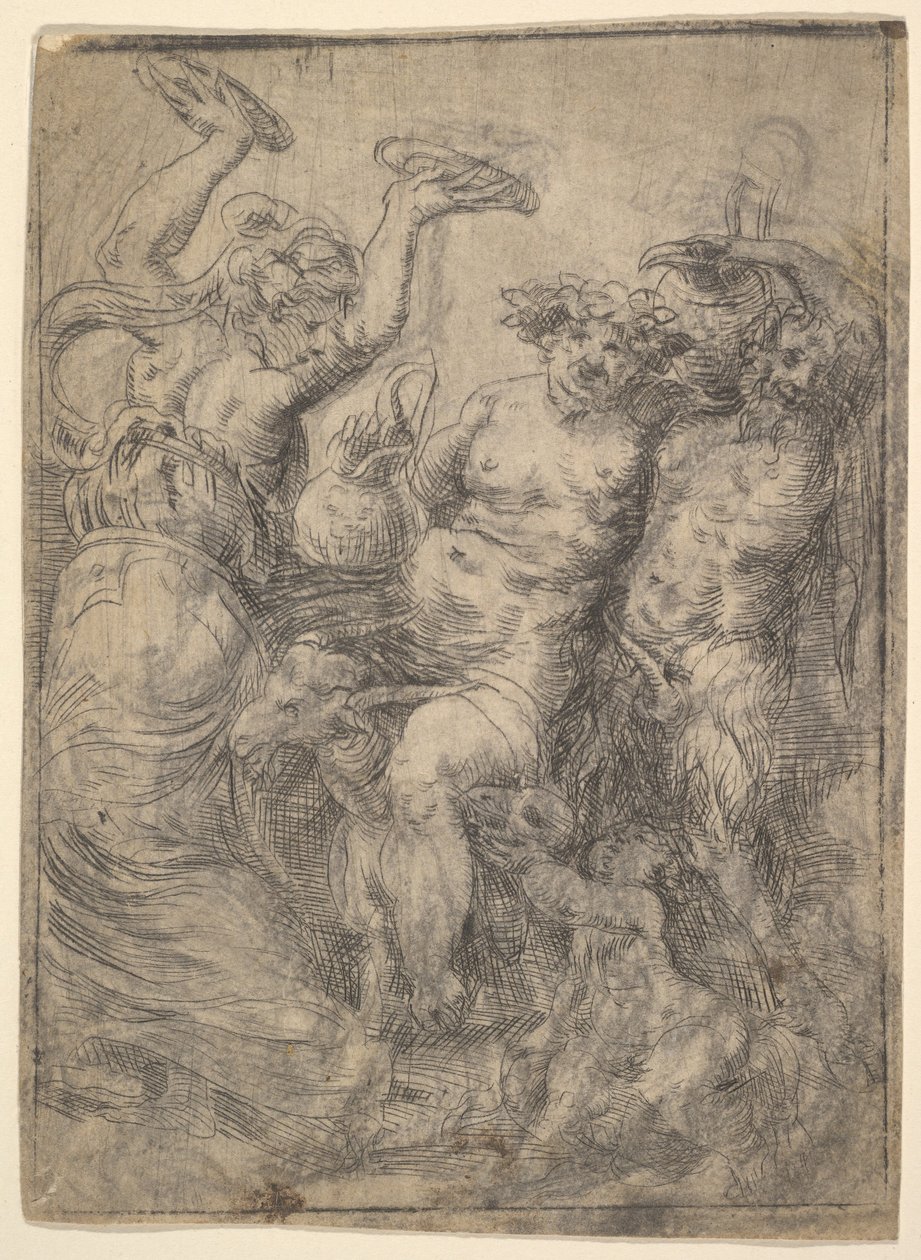 Bacchic deleite com Silenus montando uma cabra no centro, ca. 1540-43. de Andrea Schiavone