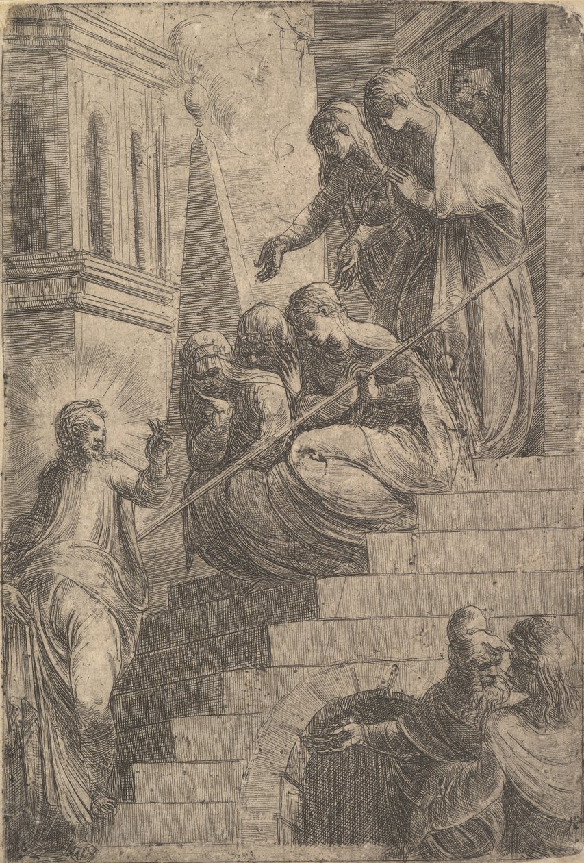Cristo dirigindo-se a um grupo de mulheres sentadas e em pé nos degraus, ca. 1541-44. de Andrea Schiavone