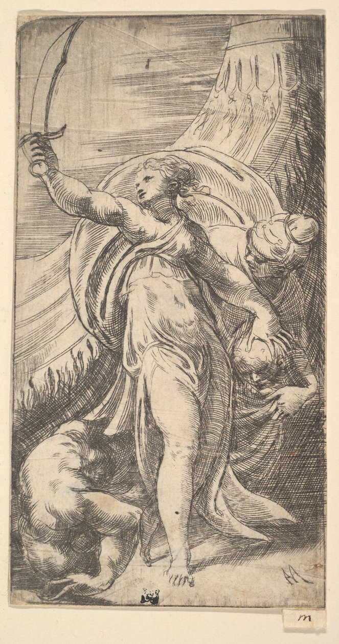 Judith, sua espada erguida na mão direita, colocando a cabeça de Holofernes na sa ..., ca. 1542-45. de Andrea Schiavone