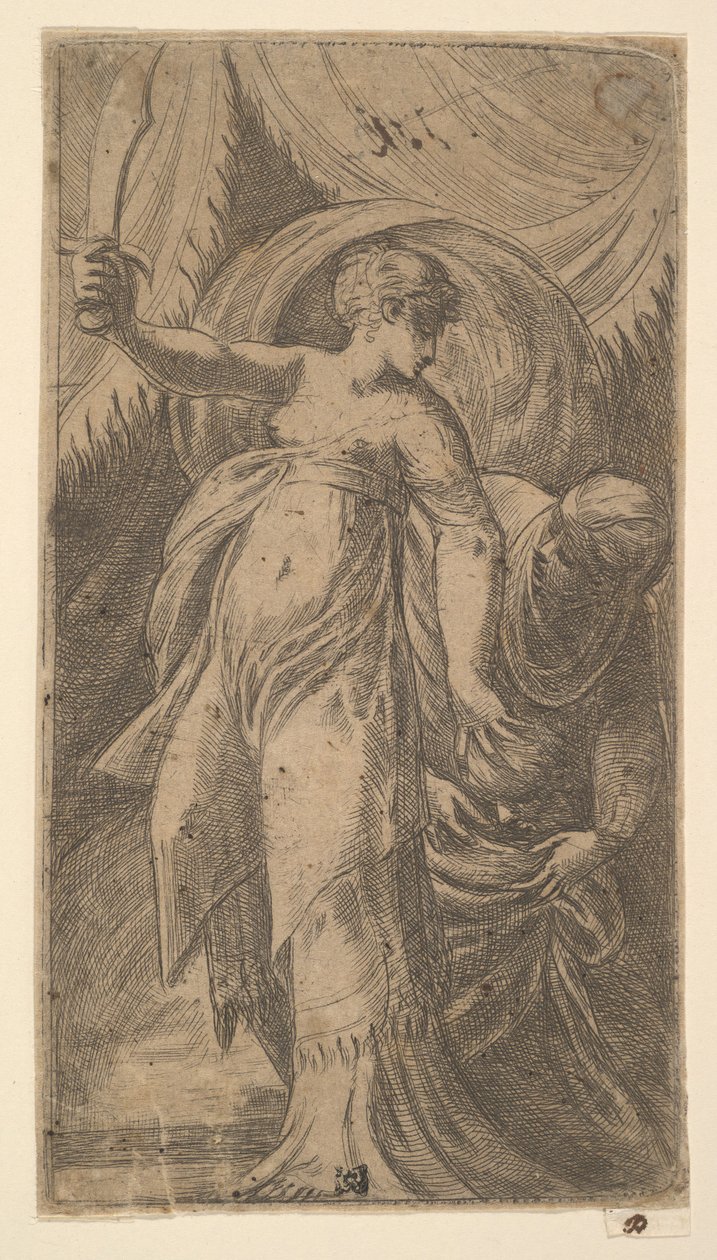 Judith com a espada levantada na mão direita e colocando a cabeça de Holofernes em ..., ca. 1540-45. de Andrea Schiavone