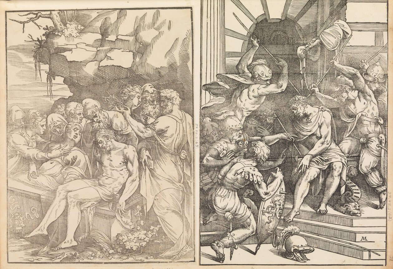 Lamentação sobre os mortos Cristo, Cristo é atacado por soldados, ca. 1556-57. de Andrea Schiavone
