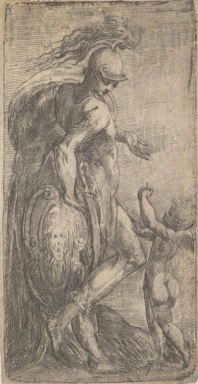 Marte parado à esquerda apoiado em um escudo, Cupido à direita, ca. 1542-46. de Andrea Schiavone