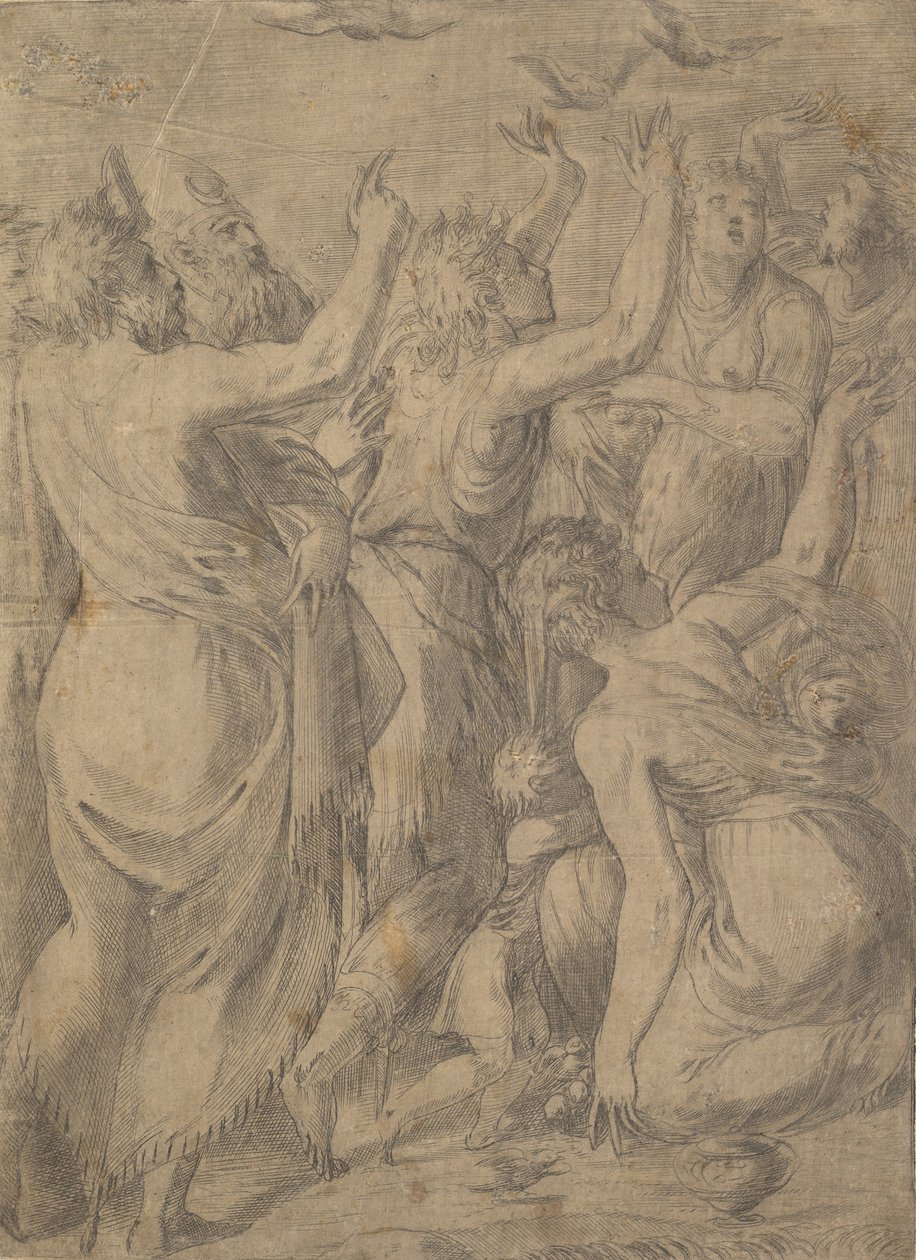 Moisés mostrando às codornas aos israelitas o milagre das codornas e do maná, ca. 1545 de Andrea Schiavone