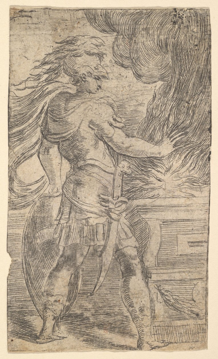 Mutius Scaevola colocando a mão nas chamas deixou metade de uma composição, cuja direita ..., ca. 1540 de Andrea Schiavone