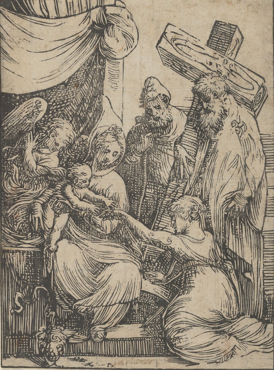 O casamento de Santa Catarina, 1550-60. de Andrea Schiavone