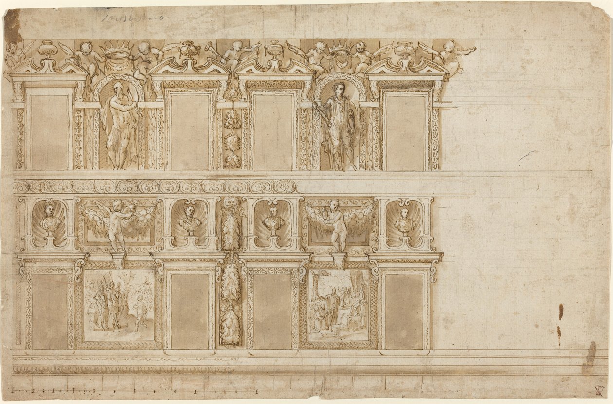 Uma parede palaciana ornamentada com esculturas e pinturas de Andrea Semino