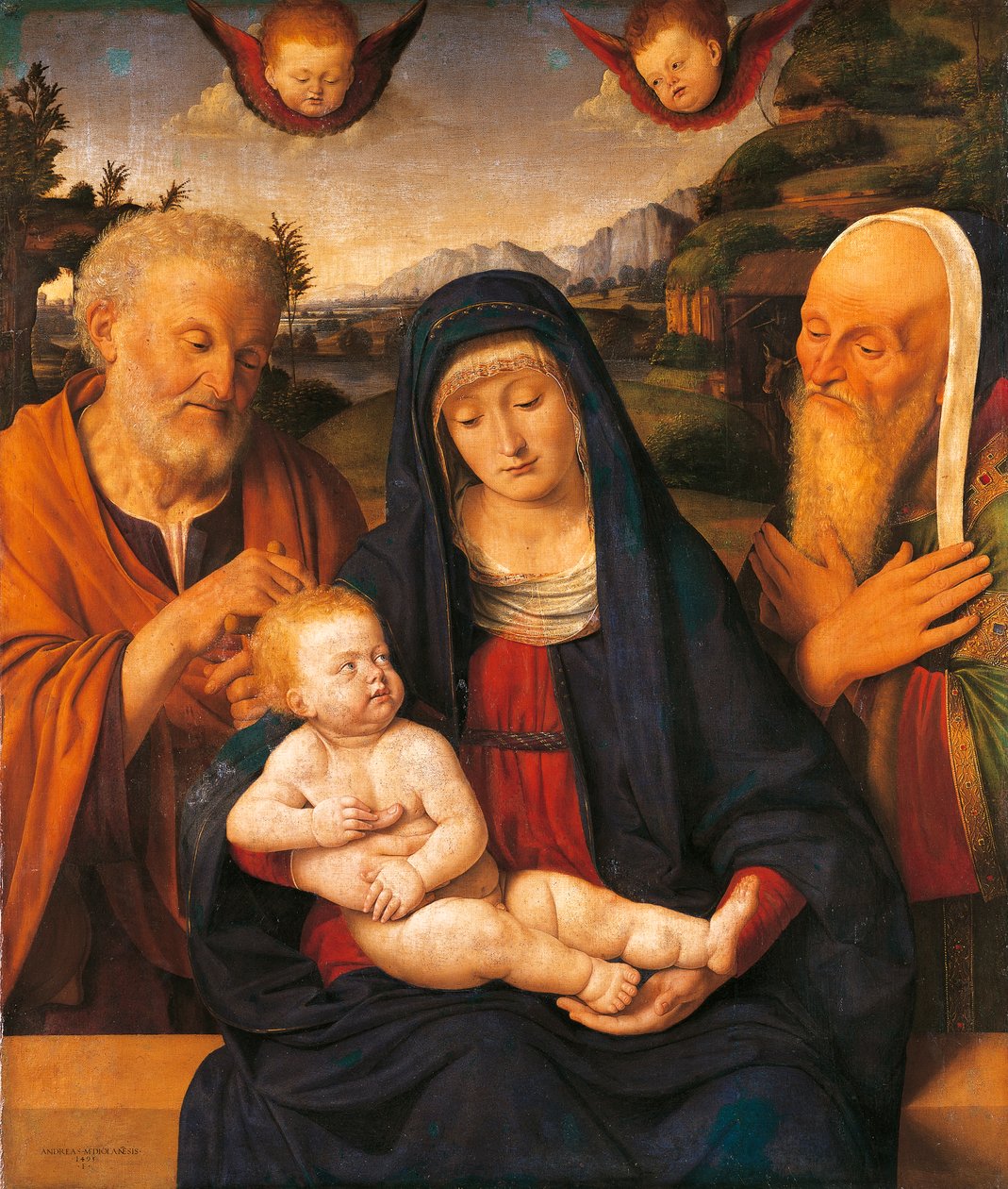 Madona e Menino com São José e Simeão de Andrea Solario (1470-1524), têmpera e óleo sobre painel, transferidos para tela de Andrea Solario