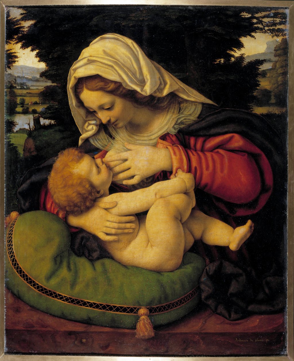 A Virgem com Almofada Verde Pintura de Andrea Solario (1460-1522) Sol do século XV. 0,59x0,47 m de Andrea Solario