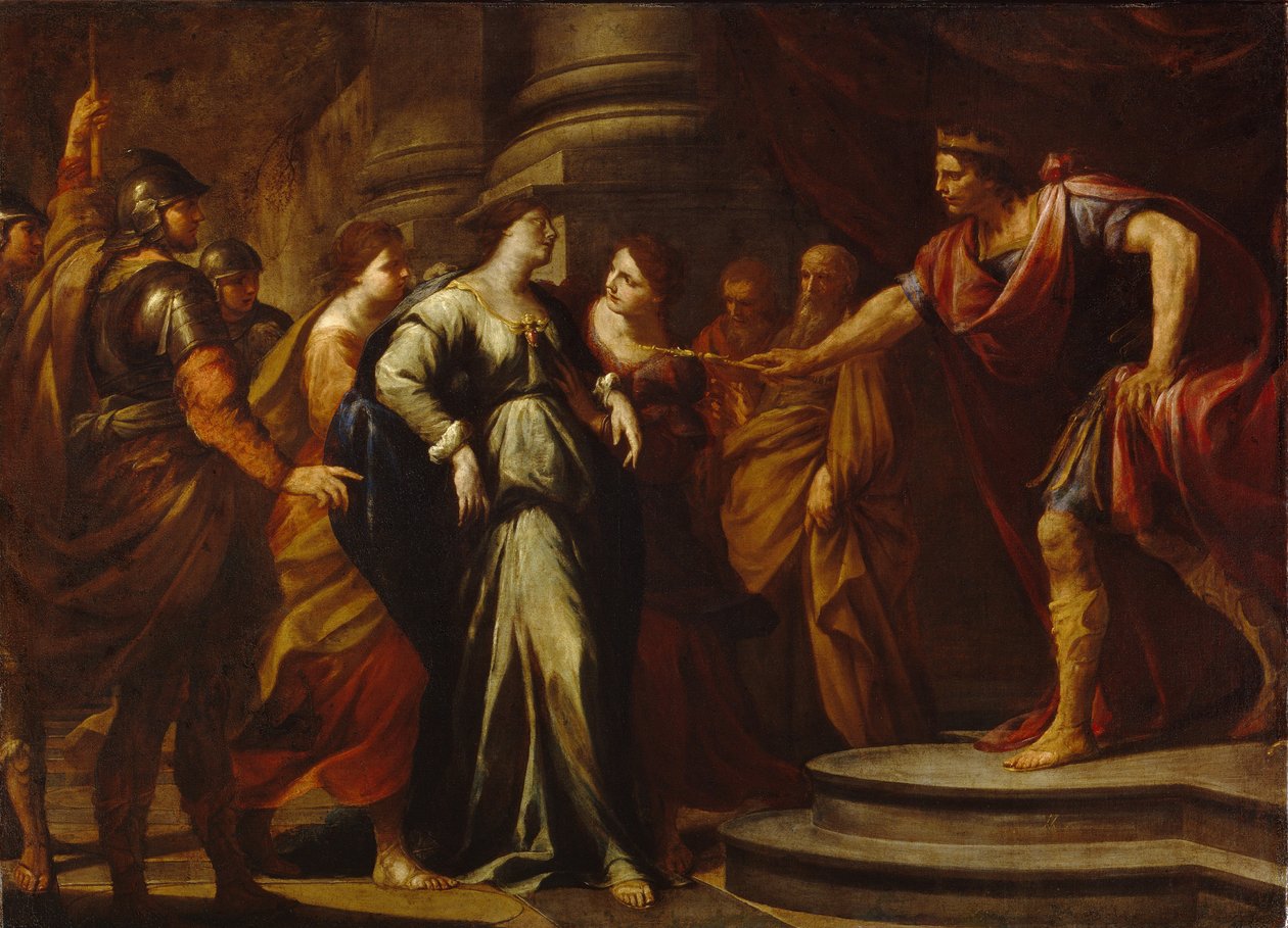 Ester (Hadassah bat Avilail) antes de Assuero (identifica-se com Xerxes I, rei da Pérsia, 519-465 aC) (Ester antes de Assuero). Ester é escolhida como esposa pelo rei persa entre todos os pretendentes. Pintura de Andrea Vacaro (1604-1670), óleo sobre de Andrea Vaccaro