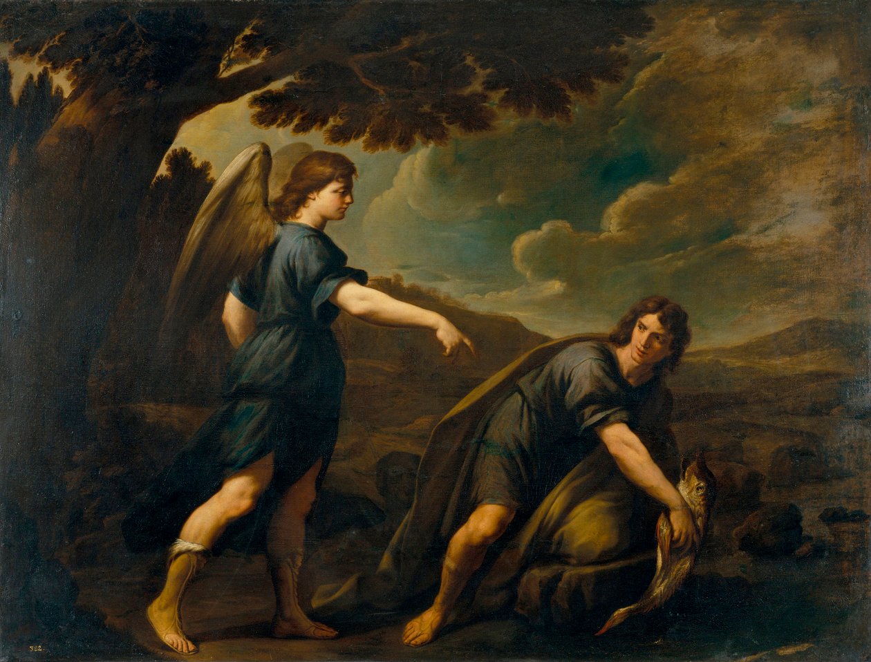 O Anjo e Tobias com o Peixe - Pintura de Andrea Vaccaro (1604-1670), óleo sobre tela (199,5x262 cm), cerca de 1640, arte italiana de Andrea Vaccaro