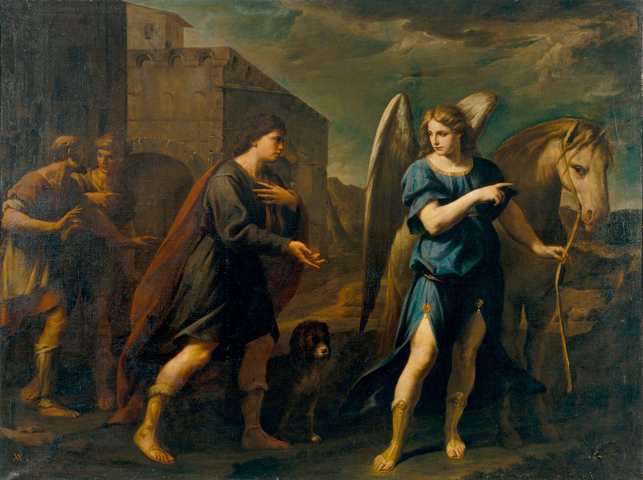 Tobias Meets the Archangel Raphael (Tobias Meets the Archangel Raphael) - Pintura de Andrea Vaccaro (1604-1670), óleo sobre tela (198,5x262 cm), cerca de 1640, arte italiana do século XVII, arte barroca - Museu Nacional d