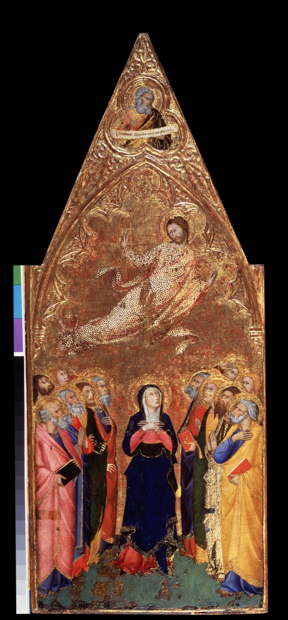 ""A Ascensão de Cristo"" Abaixo, a Virgem Maria e os apóstolos observando Jesus Cristo. Acima, representação do profeta Jeremias. Têmpera sobre madeira de Andrea Vanni (1332-1414) 1355-1360 Dim. 68x28 cm Museu Hermitage, São Petersburgo (São Pedro de Andrea Vanni