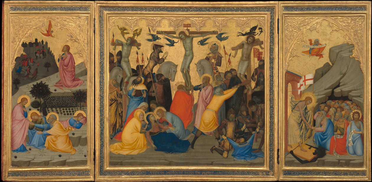 Cenas da Paixão de Cristo: A Agonia no Jardim, a Crucificação e a Descida ao Limbo [tríptico inteiro] de Andrea Vanni