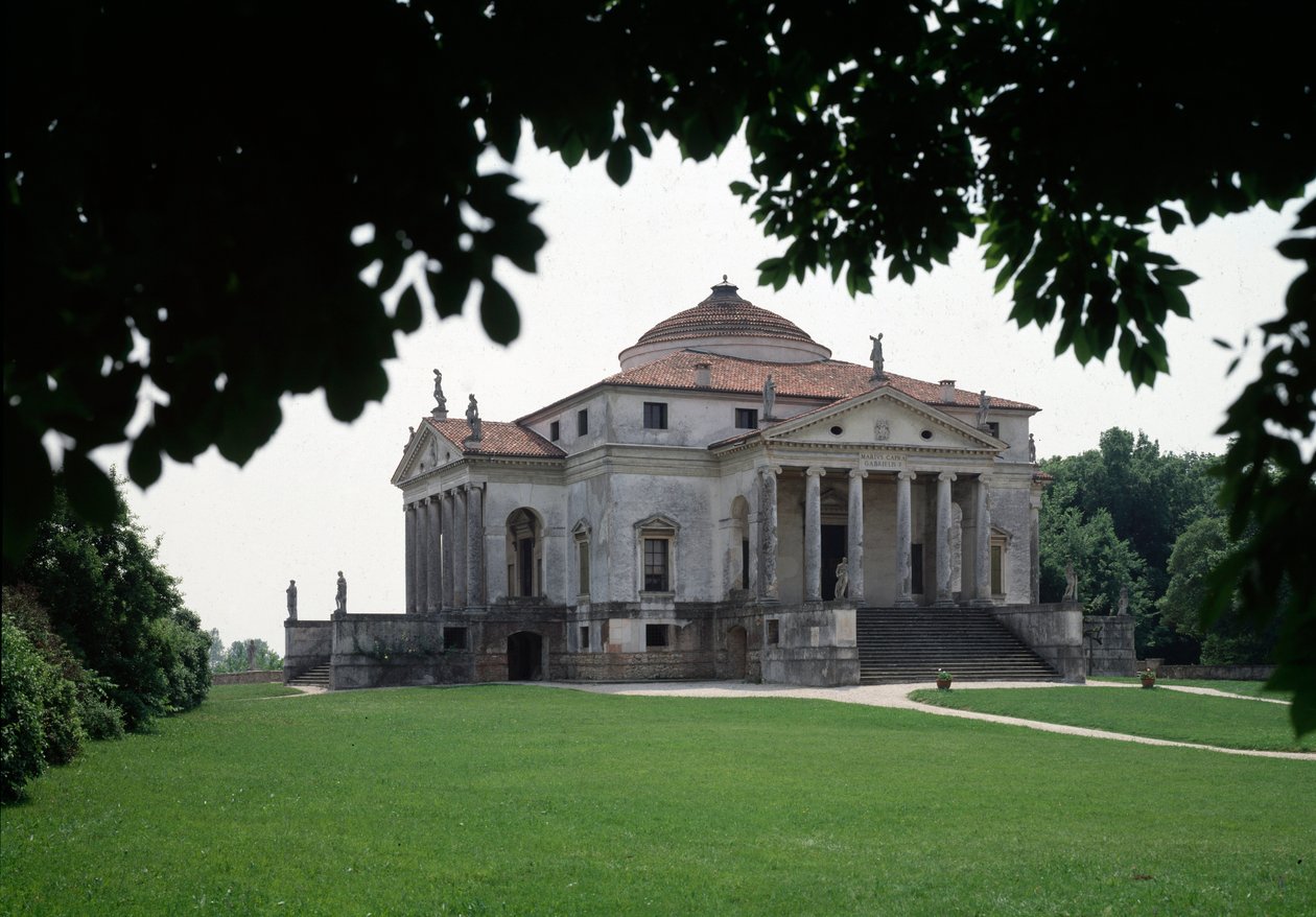Vista da villa Almerico-Capra conhecida como a Rotonda feita pelo arquitecto italiano Andrea Palladio (1508-1580) em 1567-1570 e concluída por Vincenzo Scamozzi (1552-1616) em 1591, Vicenza, Itália (Vista da villa Almerico Capra ou La rotonda por Andrea Pa de Andrea and Scamozzi Vincenzo Palladio
