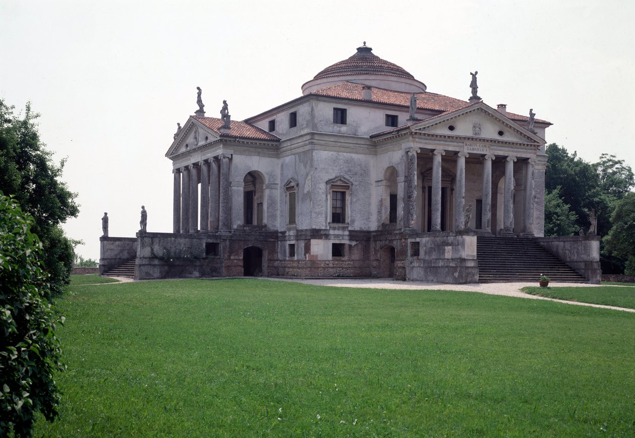 Vista da villa Almerico-Capra conhecida como a Rotonda feita pelo arquitecto italiano Andrea Palladio (1508-1580) em 1567-1570 e concluída por Vincenzo Scamozzi (1552-1616) em 1591, Vicenza, Itália (Vista da villa Almerico Capra ou La rotonda por Andrea Pa de Andrea and Scamozzi Vincenzo Palladio