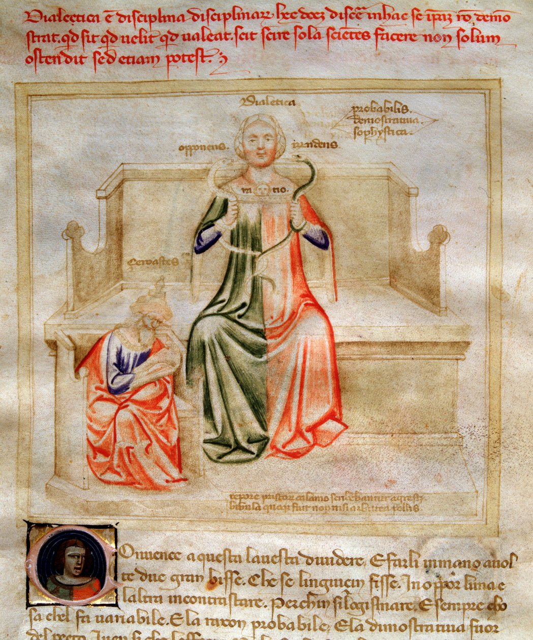 Allegorie de la Dialectic in "Chansonne des sept Vertus et des sept Arts liberales destinee a Bruzio Visconti" (La Canzone delle Virtu e delle Scienze) de Bartolomeo di Bartoli. Aquarela de Andrea di Bartoli (activa entre 1358 e 1368) (ms. 599, fo de Andrea de Bartoli