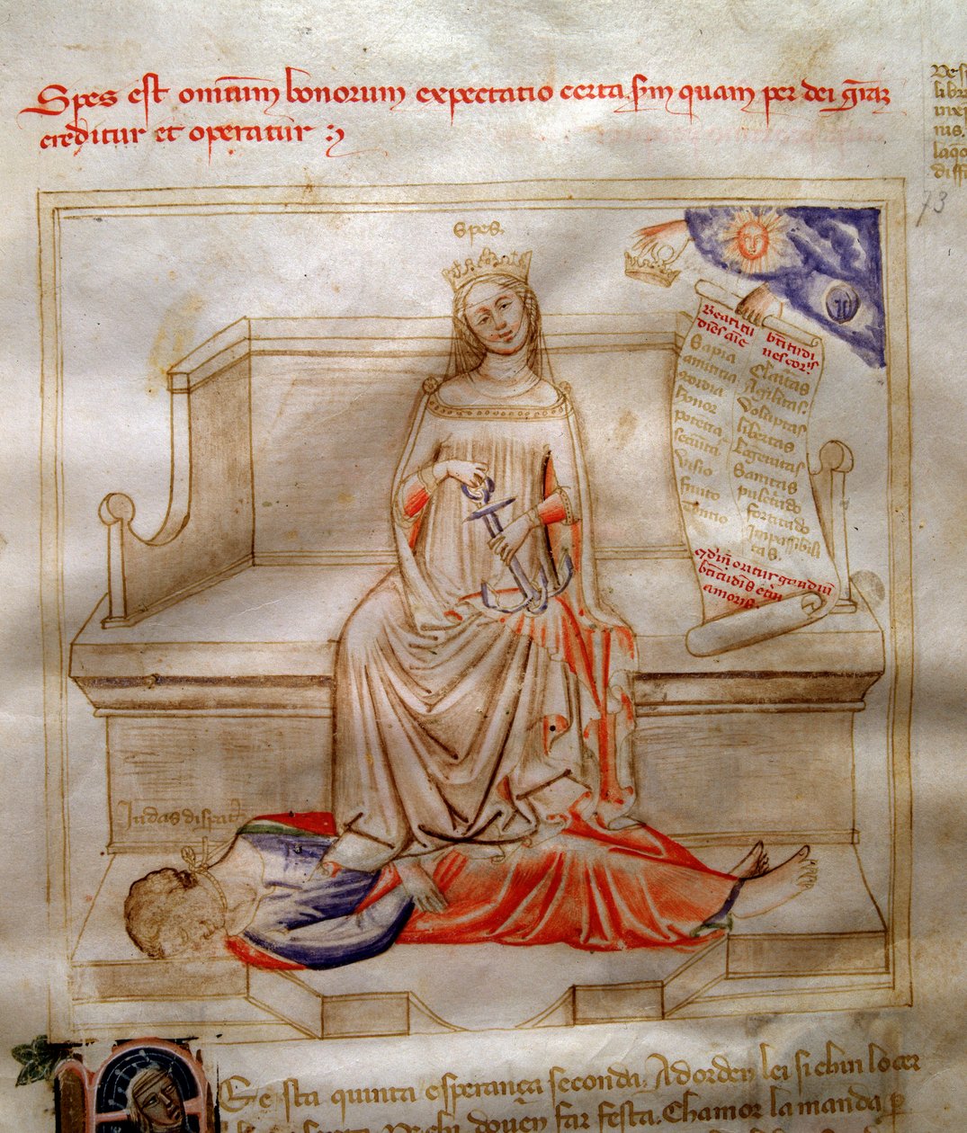 Allegorie de la Faith in "Chansonne des sept virtues et des sept arts liberaux destinee a Bruzio Visconti" (La Canzone delle Virtu e delle Scienze) de Bartolomeo di Bartoli. Watercolour de Andrea di Bartoli (activo entre 1358 e 1368) (ms. 599, fol. 5 de Andrea de Bartoli