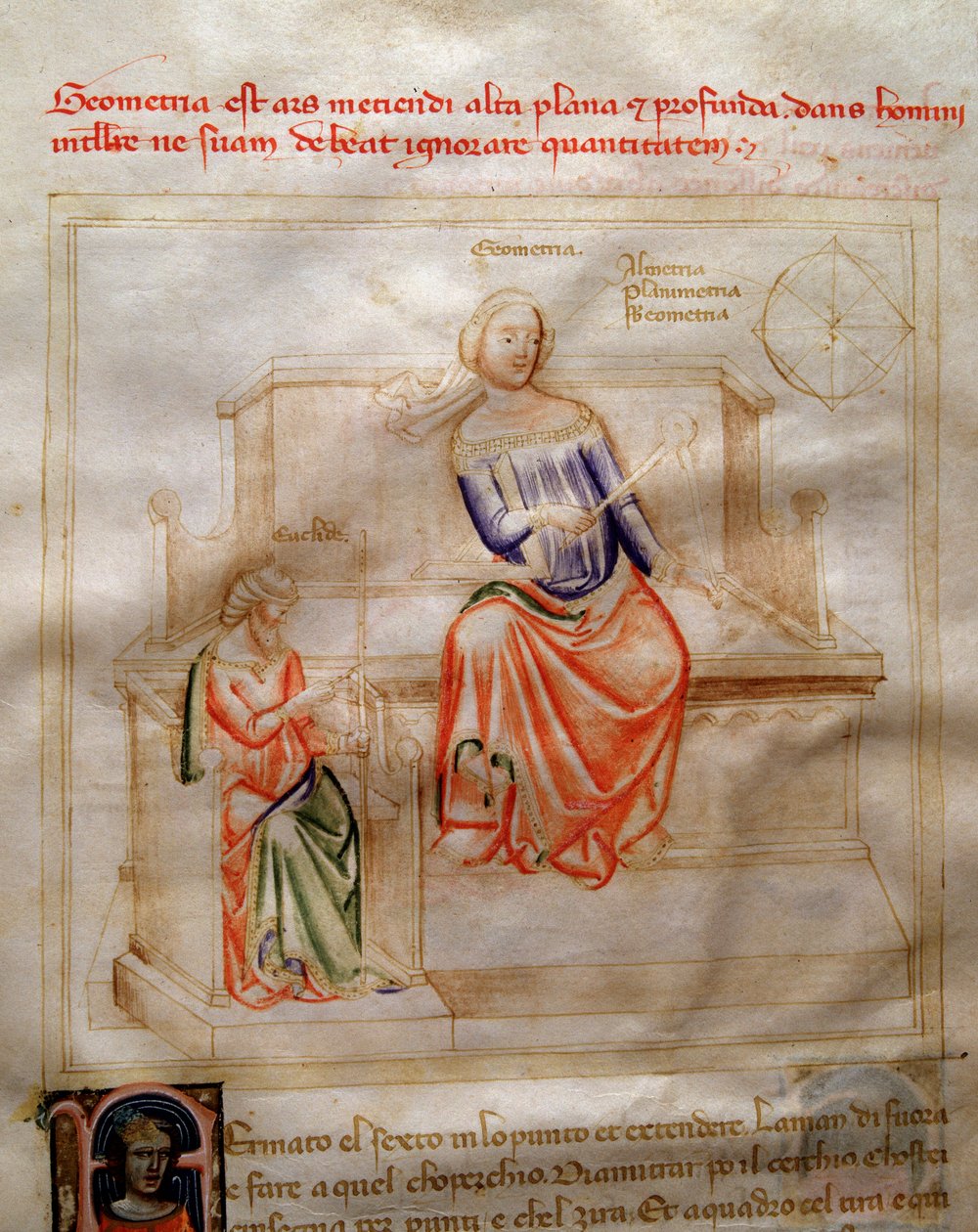 Allegorie de la Geometrie in "Chansonne des sept Vertus et des sept Arts liberales destinee a Bruzio Visconti" (La Canzone delle Virtu e delle Scienze) de Bartolomeo di Bartoli. Aguarela de Andrea di Bartoli (activa entre 1358 e 1368) (ms. 599, fo de Andrea de Bartoli