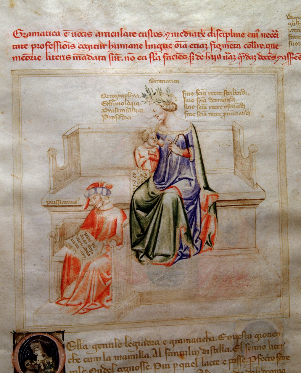 Allegorie de la Grammaire in "Chansonne des sept Vertus et des sept Arts liberales destinee a Bruzio Visconti" (La Canzone delle Virtu e delle Scienze) de Bartolomeo di Bartoli. Aguarela de Andrea di Bartoli (activa entre 1358 e 1368) (ms. 599, fo de Andrea de Bartoli