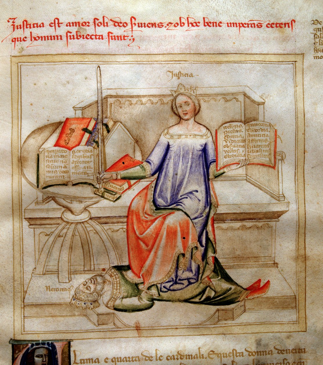 Allegorie de la Justice in "Chansonne des sept Vertus et des sept Arts liberales destinee a Bruzio Visconti" (La Canzone delle Virtu e delle Scienze) de Bartolomeo di Bartoli. Aguarela de Andrea di Bartoli (activa entre 1358 e 1368) (ms. 599, fol de Andrea de Bartoli