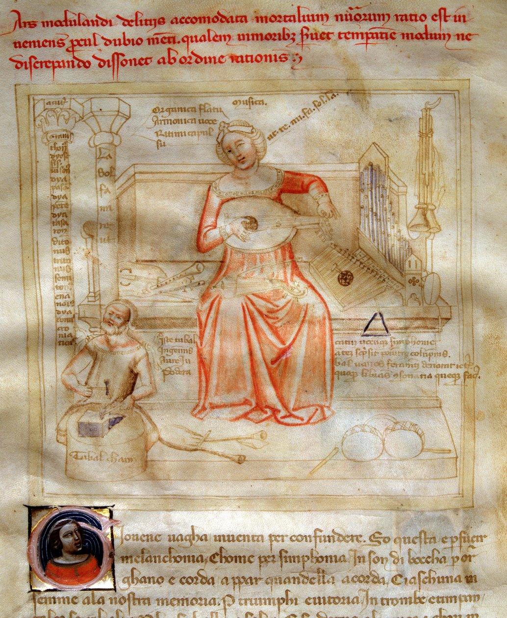 Allegorie de la Musique in "Chansonne des sept Vertus et des sept Arts liberales destinee à Bruzio Visconti" (La Canzone delle Virtu e delle Scienze) de Bartolomeo di Bartoli. Aguarela de Andrea di Bartoli (activa entre 1358 e 1368) (ms. 599, fol. de Andrea de Bartoli