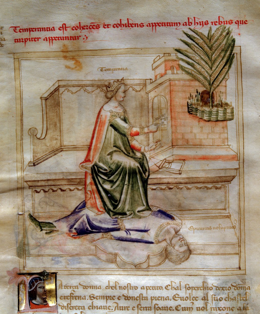 Allegorie de la Temperance in "Chansonne des sept virtues et des sept arts liberaux destinee a Bruzio Visconti" (La Canzone delle Virtu e delle Scienze) de Bartolomeo di Bartoli. Aguarela de Andrea di Bartoli (activa entre 1358 e 1368) (ms. 599, f de Andrea de Bartoli