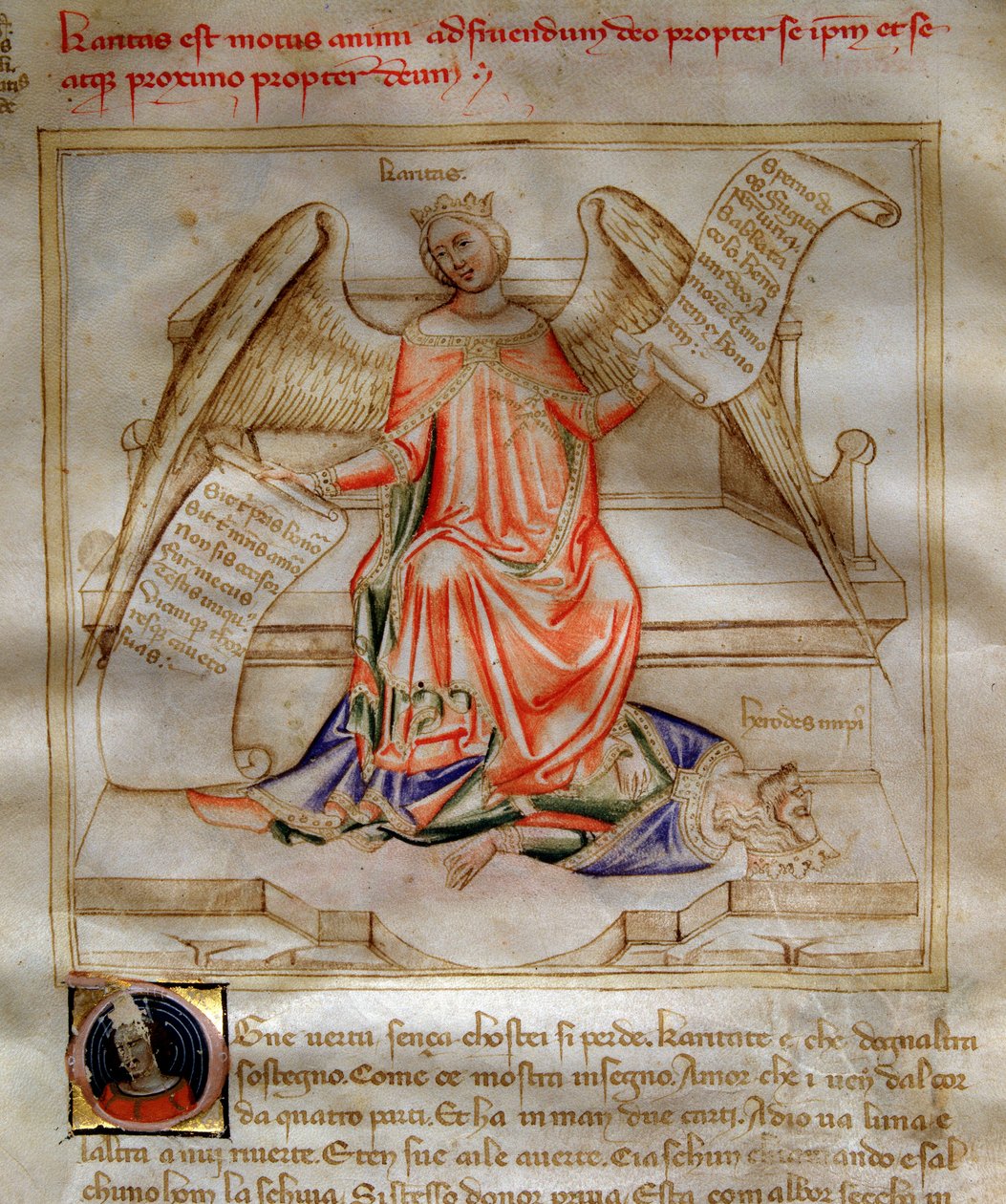 Alegoria da Caridade ailee pisando Herode I o Grande aos pés em "Song of the Seven Vertus and the Seven Liberals Arts destinee for Bruzio Visconti" (La Canzone delle Virtu e delle Scienze) de Bartolomeo di Bartoli. Aguarela de Andrea di Bartoli ( de Andrea de Bartoli