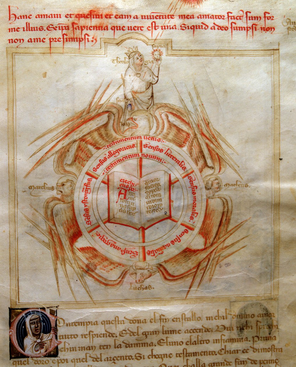 Alegoria da Teologia simbolizada por um livro aberto envolve os atributos dos quatro evangelistas em "Song of the Seven Viruses and the Seven Liberal Arts destinee for Bruzio Visconti" (La Canzone delle Virtu e delle Scienze) de Bartolomeo di Bartoli. Wa de Andrea de Bartoli