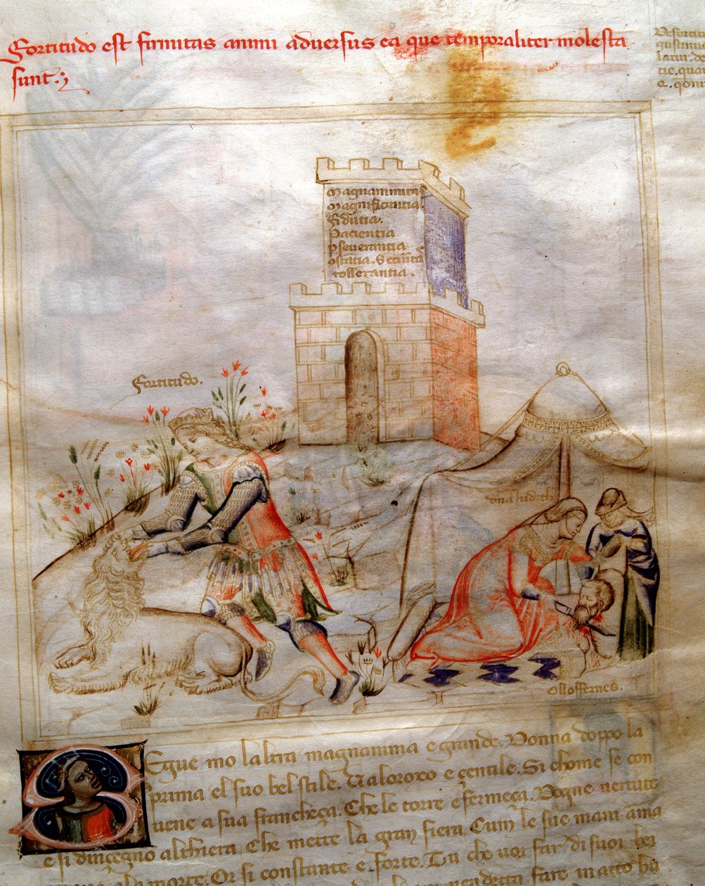 Alegoria da coragem com Sansão rasgando o leão e Judite decapitante Holoferne em "Chansonne des sept Vertus et des sept arts liberaux destinee a Bruzio Visconti" (La Canzone delle Virtu e delle Scienze) de Bartolomeo di Baartoli. Aguarela de André de Andrea de Bartoli
