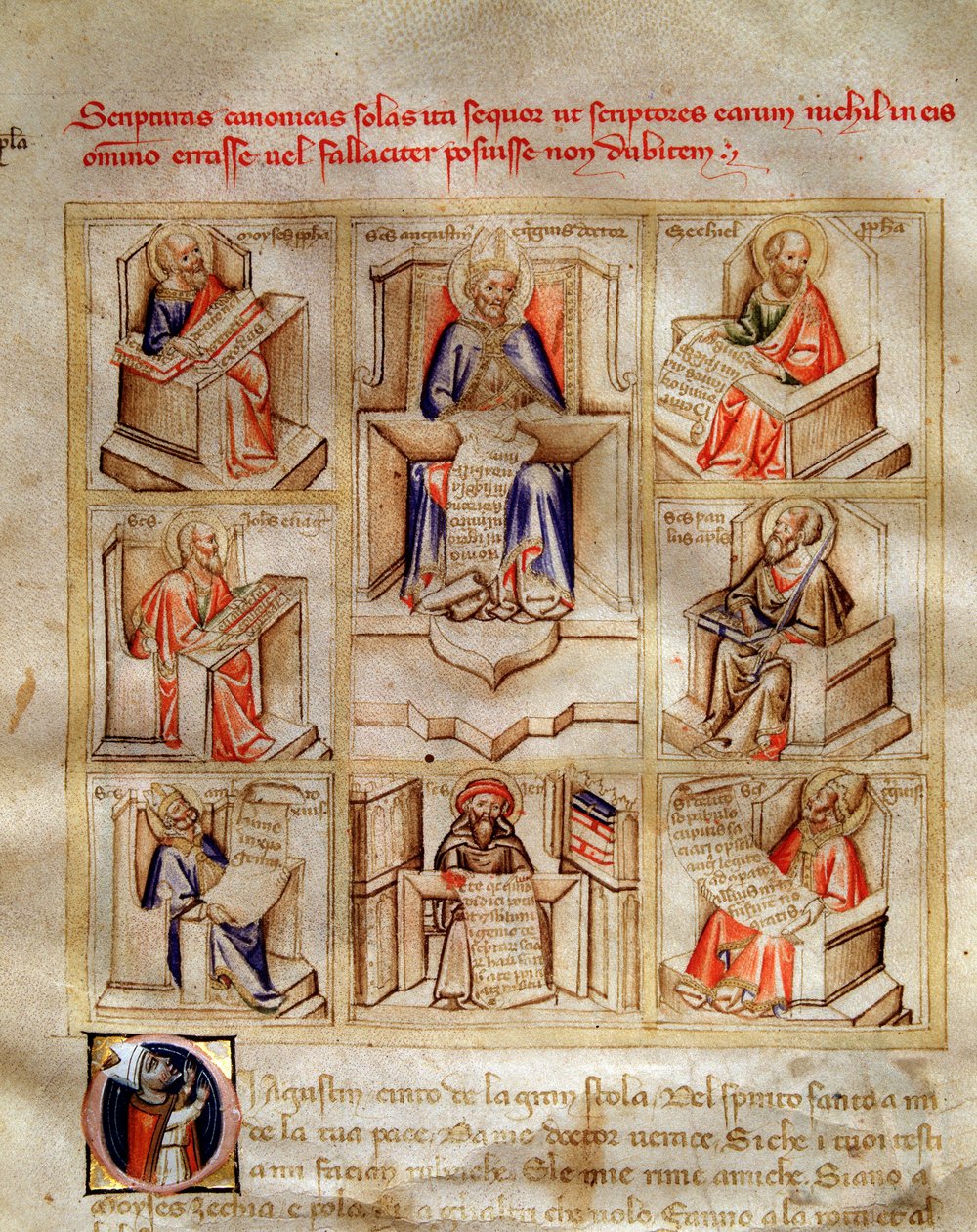Representação dos médicos da igreja: São João, Santo Ambrósio de Milão, São Jerônimo, São Gregoire o Grande e São Paulo em "Canção dos Sete Vertus e o destino das Sete Artes Liberais para Bruzio Visconti" (La Canzone delle Virtu e dell de Andrea de Bartoli