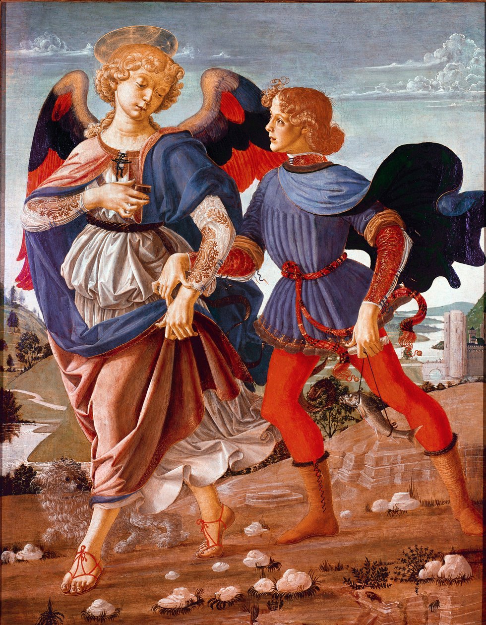 Tobie e o anjo Tobias (Tobias), encarregado pelo seu pai cego de encontrar o campo de pesca, é acompanhado pelo arcanjo Rafael. Pintura da Escola de Andrea del Verrocchio (1435-1488) 1470-1480. Galeria Nacional, Londres de Andrea del (school of) Verrocchio