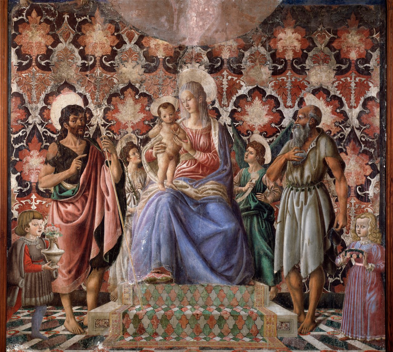 Virgem com criança com santo João Batista e outro santo, dois anjos e dois filhos da família Pazzi Fresco por Andrea del Castagno (1421-1457) Florença, Palazzo Pitti de Andrea del Castagno
