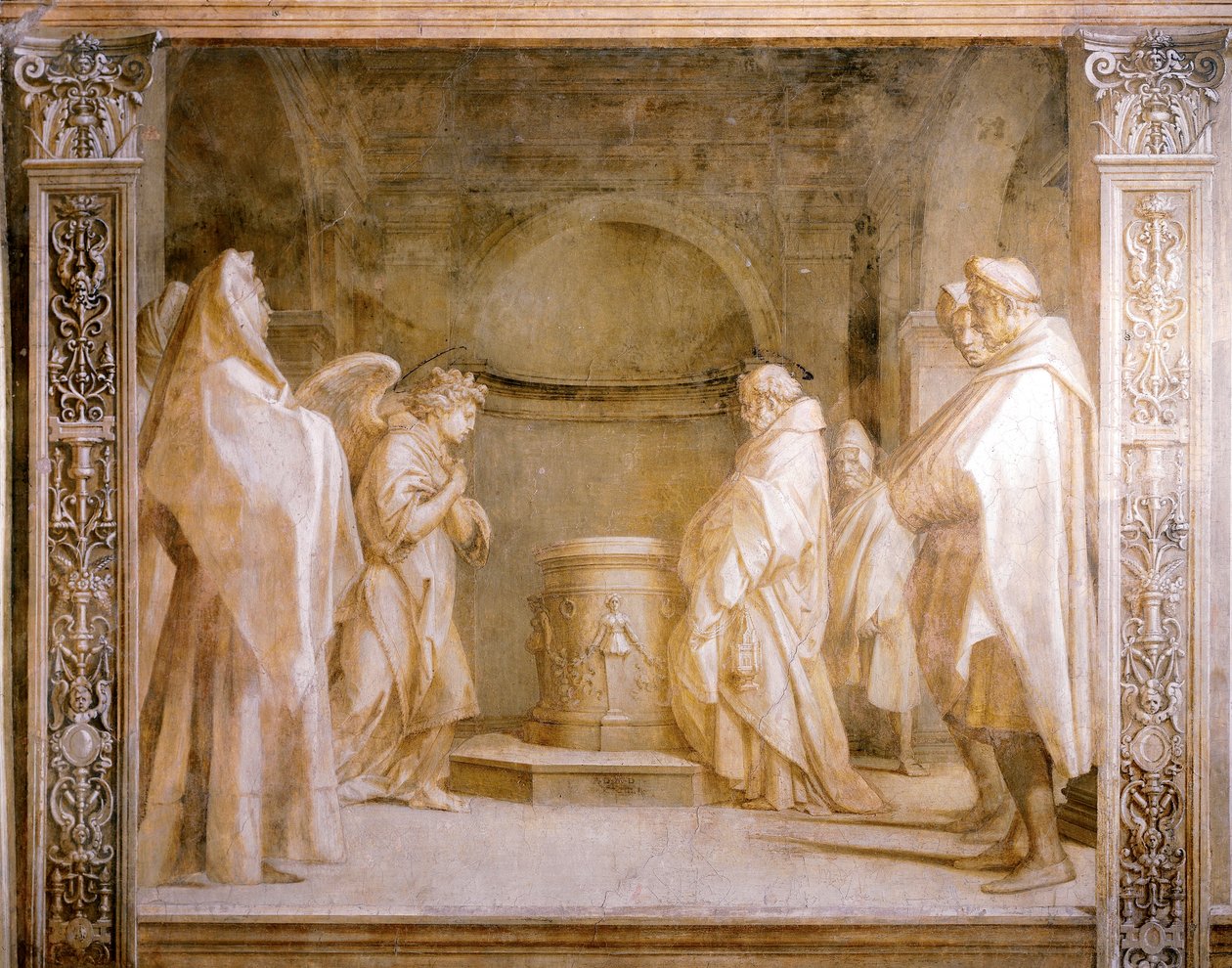 Anjo anunciando nascimento de filho a Zacarias, detalhe de Histórias de Virgem de Andrea del Sarto (1486-1530), fresco em monocromo, Claustro de Scalzo, Florença de Andrea del Sarto