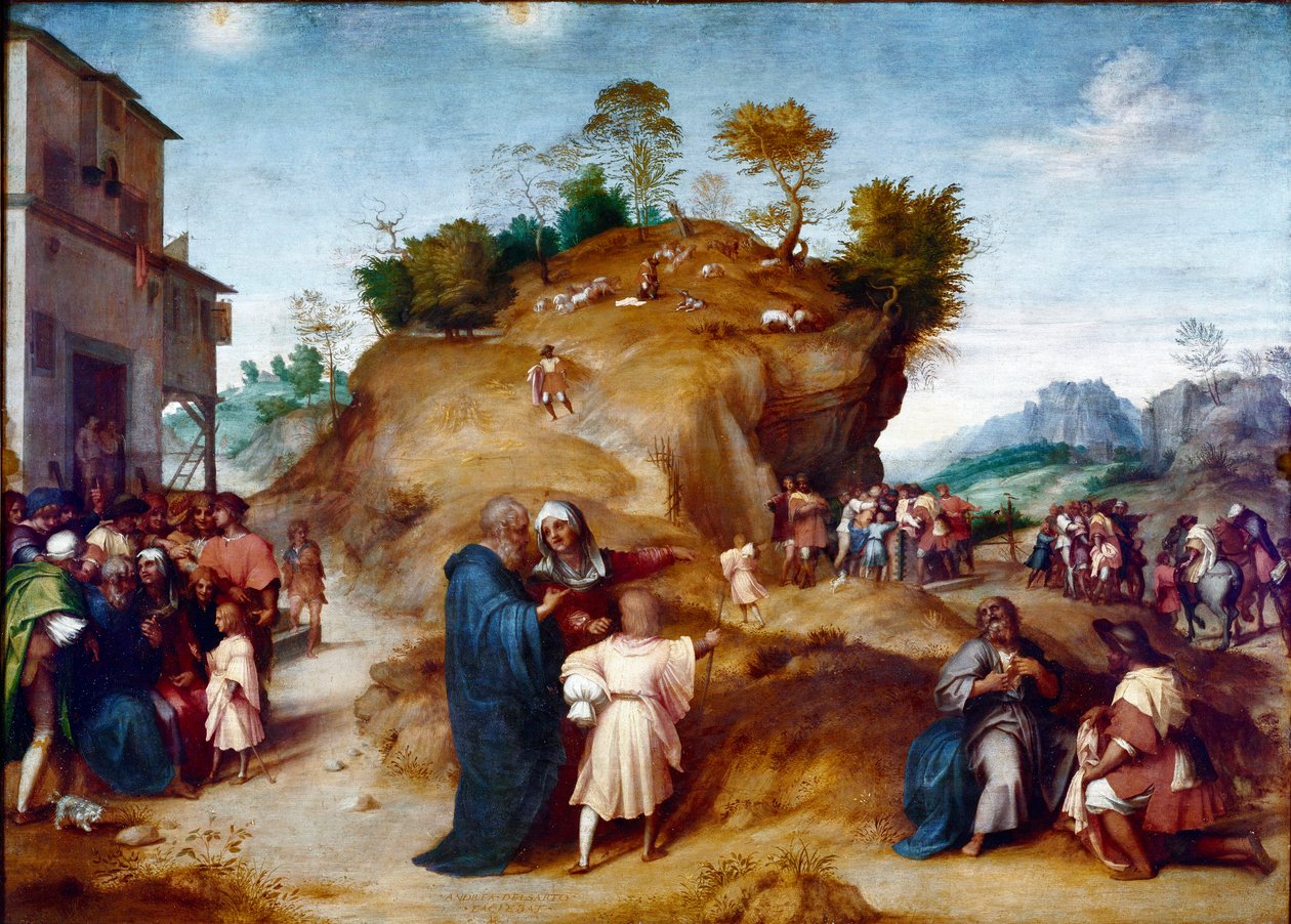 História de José, filho de Jacob: "José interpretando os sonhos de seu pai" Pintura sobre madeira de Andrea del Sarto (1486-1530) 1515-1517 Dim. 98x135 cm Florença, Palazzo Pitti, Galleria Palatina de Andrea del Sarto