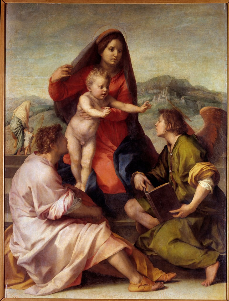 Madonna della Scala. Sagrada família com um anjo. Pintura de Andrea del Sarto (1486-1531) 1522-1523 Sol. 1,77x1,35 m Madrid, Museu do Prado. de Andrea del Sarto