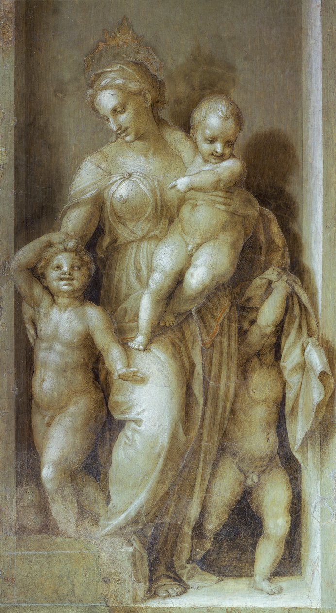 Representação da caridade, detalhe de Histórias de São João de Andrea del Sarto (1486-1530), fresco no claustro monocromático de Scalzo, Florença de Andrea del Sarto