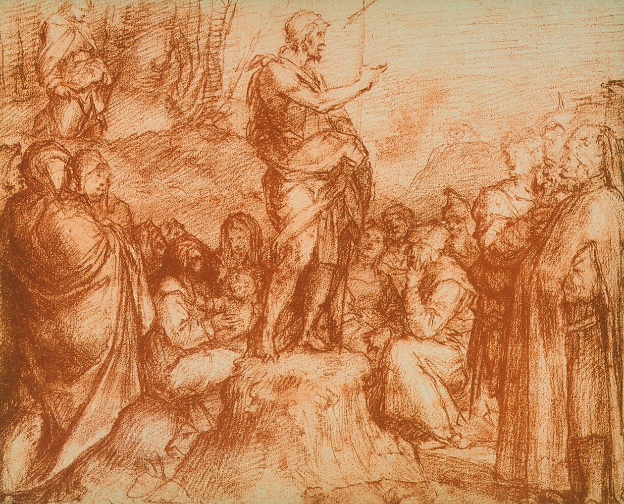 São João Batista pregando para as multidões, estudo preparatório para os frescos no Chiostro dello Scalzo, desenhando por Andrea del Sarto. Gabinete de Desenhos e Gravuras, Galeria Uffizi, Flor de Andrea del Sarto